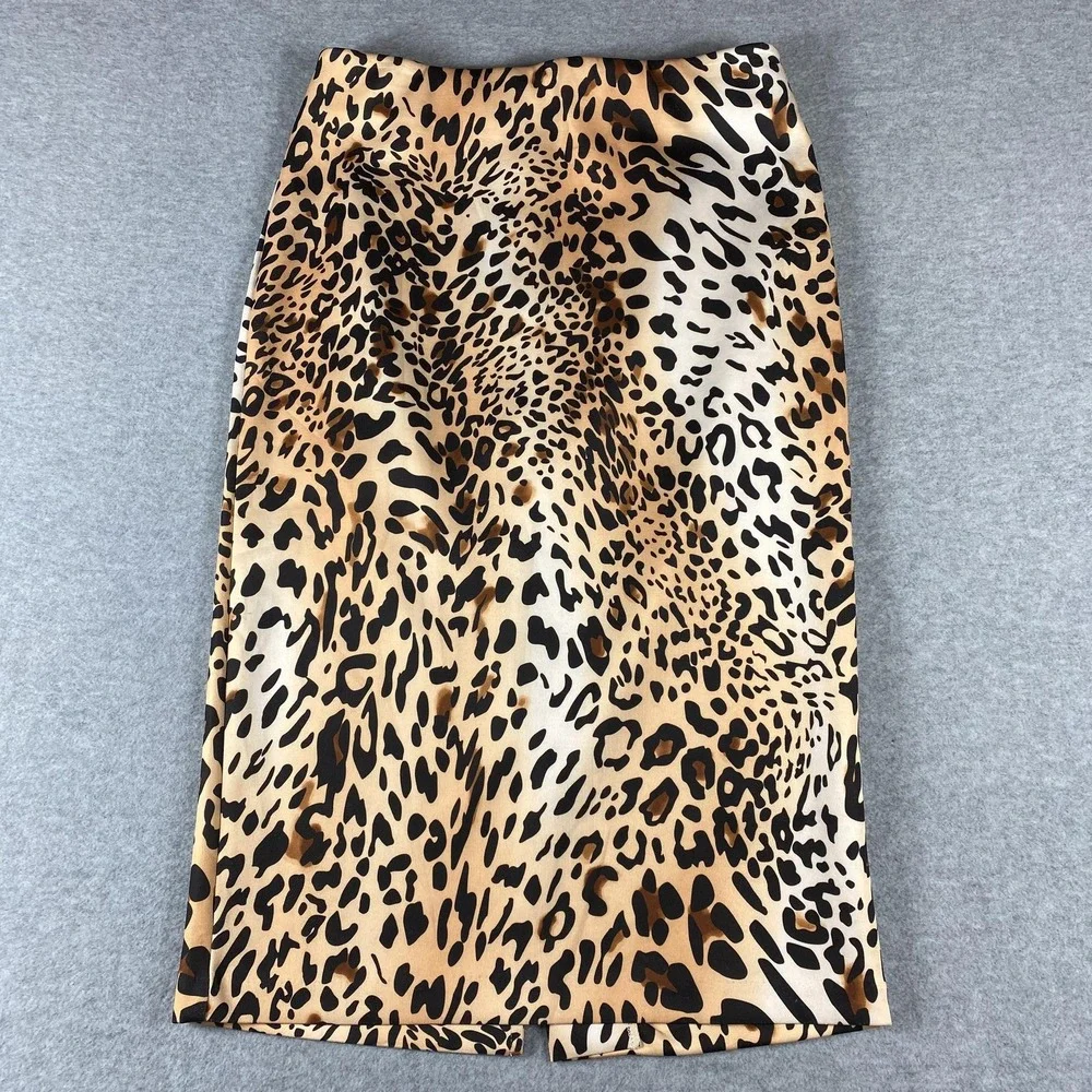 ECI New York Skirt Womens Small Brown Leopard Print‎ Stretch Pencil Knee Length